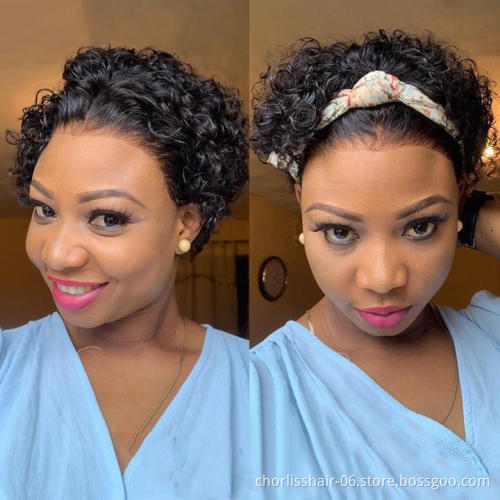 Wholesale Honey Brown Color Glueless Cheap Pixie Short Peruvian Hair Wig Kinky Curly Human Hair Lace Frontal Wig For Women